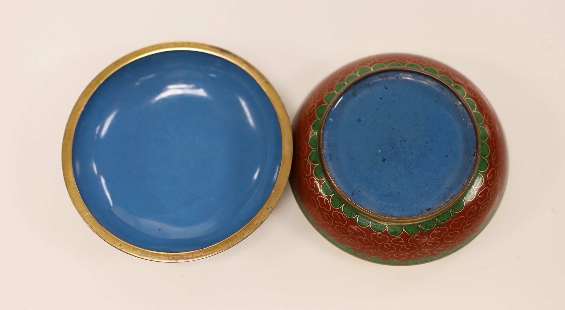 A Chinese bronze gui censer, a Japanese bronze censer and a cloisonne enamel box and cover, censer and cover 13cms high